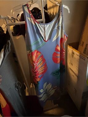 SHEIN Blue Slip Midi Dress with Red & Green Tropical Print